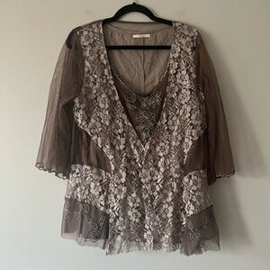 Nataya Lace Sheer Blouse 1X Brown Floral Embroidered Mesh Romantic Boho Top